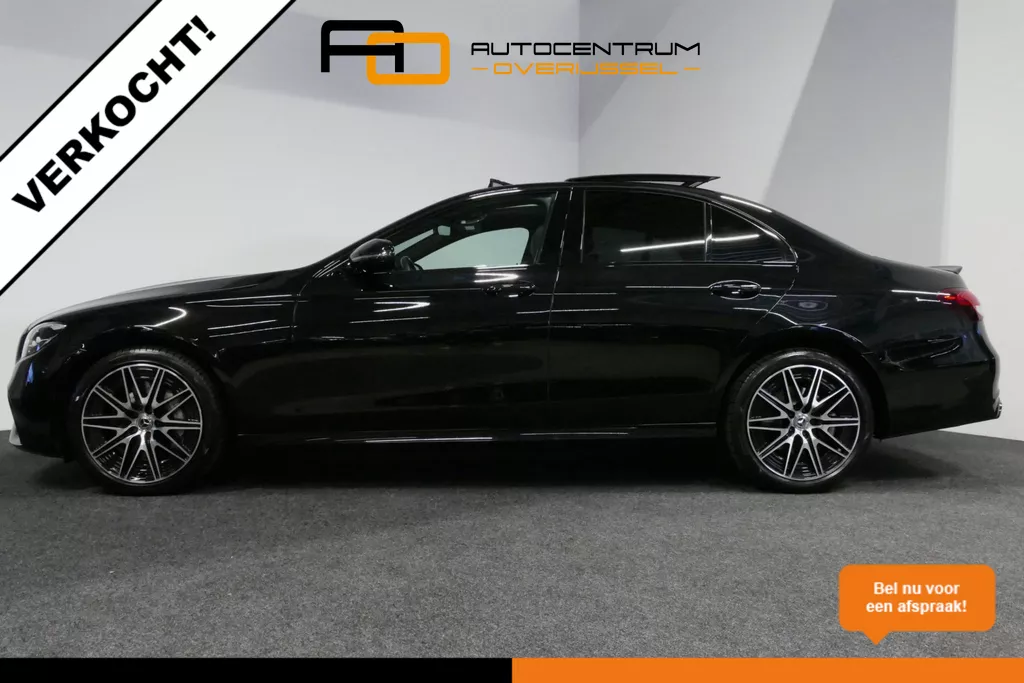 VERKOCHT Mercedes-Benz E-klasse 300 e Business Solution AMG / E63 AMG Grill / E63 AMG Diffuser / Panoramadak / Burmester Sound System / Sfeerverlichting / LED Koplampen / 19'' LMV / Night pakket / Apple Carplay - Andriod auto / Stoelverwarming / Achteruitrijcamera / Widescreen
